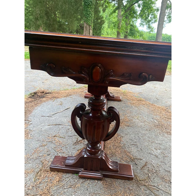 Antique French Style Walnut Flip Top Game Table | Carved Pedestal Console Table | Renaissance Revival Sofa Table | Burl Walnut Entry Table For Sale - Image 4 of 13