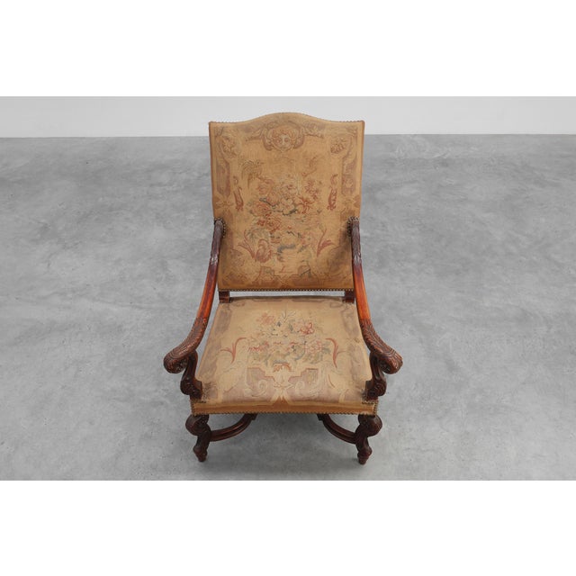Carved Walnut Armchair with Scrolling and Tapestry Upholstery, France, 1800 For Sale - Image 11 of 16