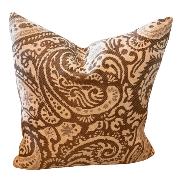 Tailored Taupe & Ivory Paisley Down Pillows - Classic 16” Accent Pair For Sale