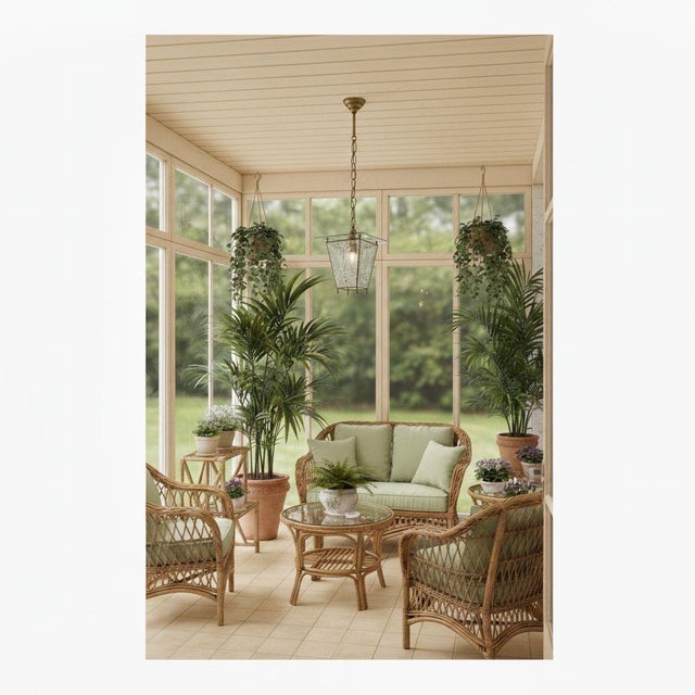 Mid Century Modern lantern, Italy 1950s. The Italian lantern is made of brass mounts and etched glasses, in a light green...