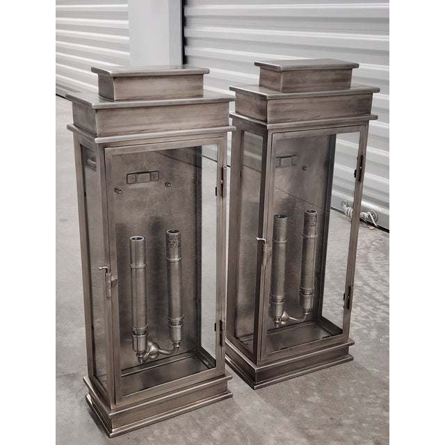 Contemporary Chapman & Myers Polished Nickel Linear Wall Lanterns- A Pair For Sale - Image 3 of 15