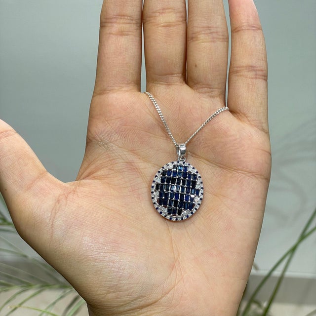 Art Deco Baguette Cut Blue Sapphire & Diamond Mosaic Statement Pendant | 3.45 TCW For Sale - Image 9 of 13