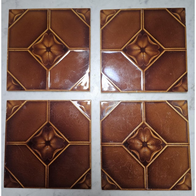 Art Deco 4 Mint, 6x6 Lewis Foreman Day "Embossed Floral" Tiles for Pilkington's Tile & Pottery of England For Sale - Image 3 of 12