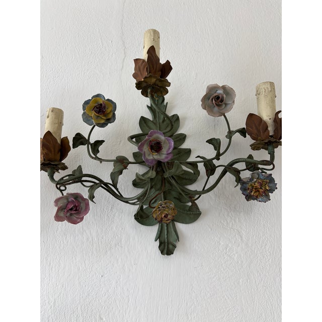Late 19th Century 19th Century Big Italian Tole and Porcelain Flowers Polychrome Sconces 3 Lights For Sale - Image 5 of 8