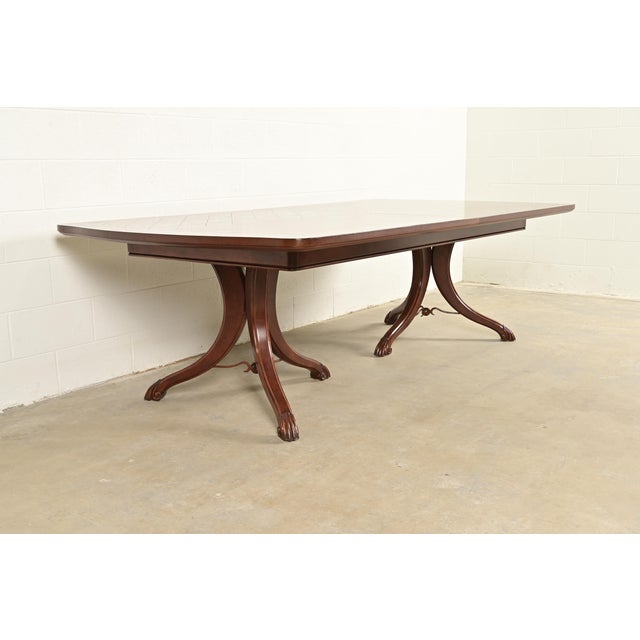 Late 20th Century Italian Provincial Carved Cherry Wood and Inlaid Brass Double Pedestal Extension Dining Table by Emanuel Morez For Sale - Image 5 of 13
