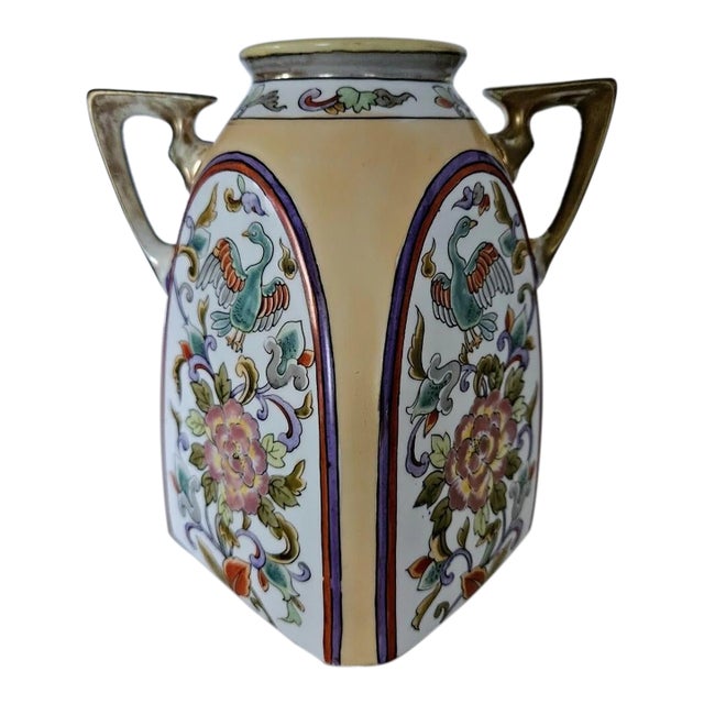 Antique Nippon Morimura Square Vase Hand Painted Floral Bird Motif 7.5" For Sale