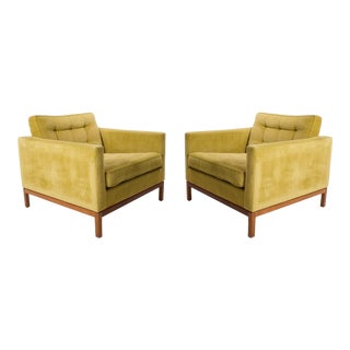 Velvet Florence Knoll Club / Lounge Chairs with Wood Bases - A Pair For Sale