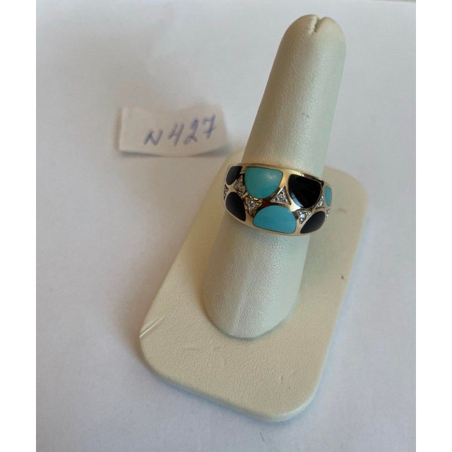 Blue Teal Turquoise & Black Onyx Diamonds 14k Yellow Gold Statement Dome Ring, Size 7 For Sale - Image 10 of 10