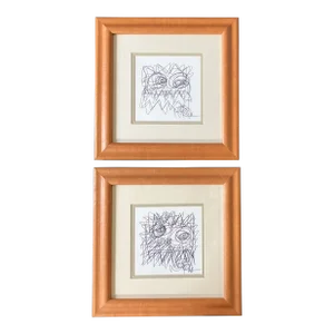 1980’s Original Wayne Cunningham Abstracts Ink Drawings Vintage Frames-A Pair