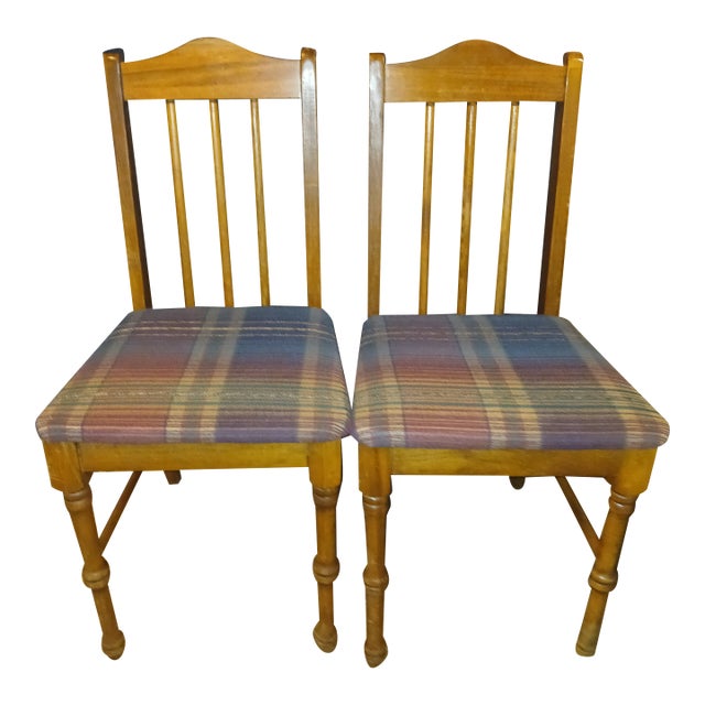 Vintage 70s Oak Finish Two Side Chairs With Burgundy Plaid Seats For Sale