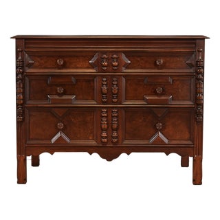 Johnson Furniture English Tudor Carved Burled Walnut Dresser or Chest of Drawers, Newly Refinished For Sale