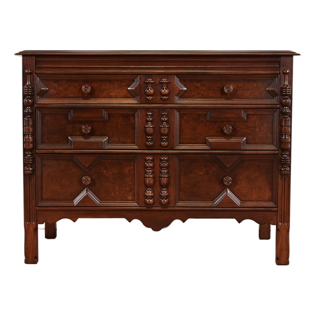 Johnson Furniture English Tudor Carved Burled Walnut Dresser or Chest of Drawers, Newly Refinished For Sale