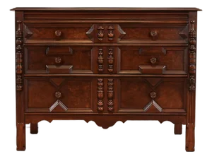 Johnson Furniture English Tudor Carved Burled Walnut Dresser or Chest of Drawers, Newly Refinished