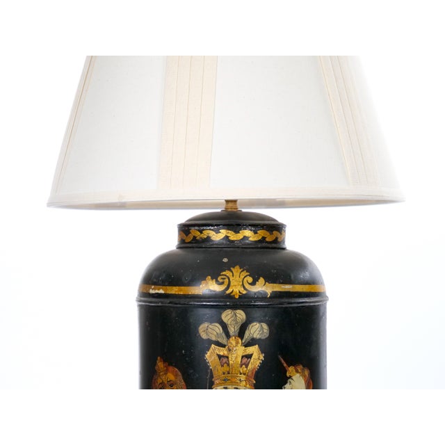 Pair of English Late 19th-Century Black Painted Tole Canister Table Lamps For Sale - Image 9 of 14