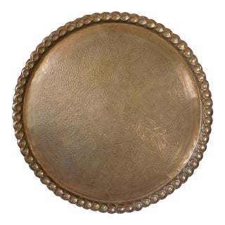 Large Vintage Mid Century Solid Brass Etched & Scalloped Round Coffee Table Tray For Sale