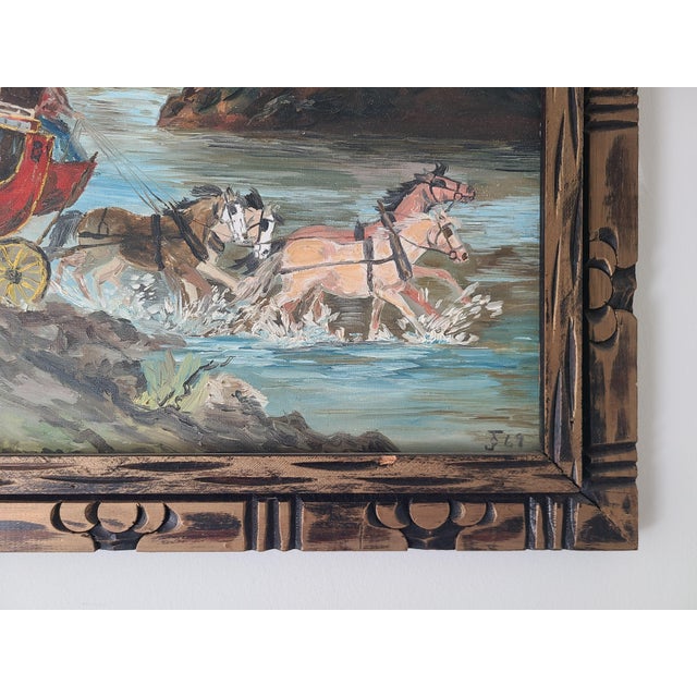 Vintage 1960s Americana Folk Art Oil Painting Wild West Stagecoach & Horses For Sale - Image 12 of 16