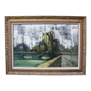 Vintage 1960s Enzo Linca Modernist Cityscape Painting of Paris