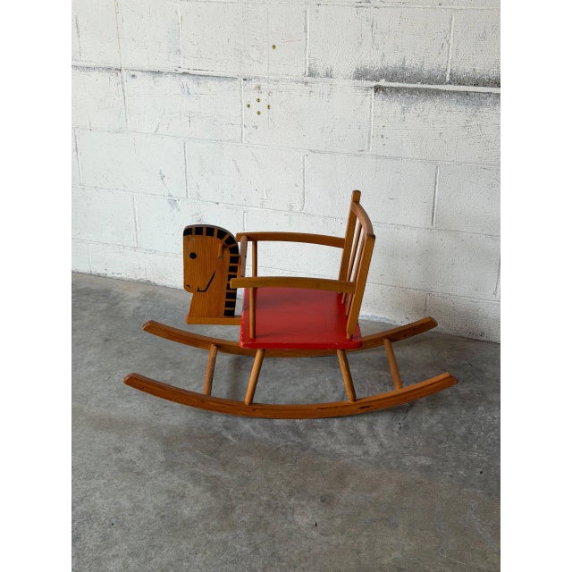 Pine Rocking Horse Toy With Red Seat Danish Mid-Century Modern 1960s For Sale - Image 4 of 10