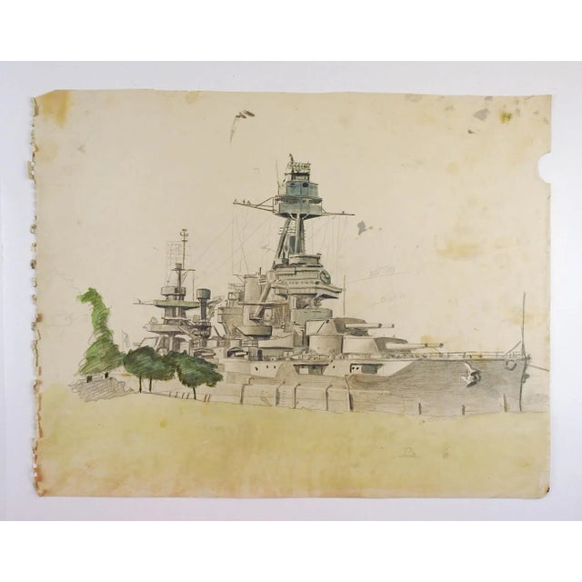 Pencil and watercolor on paper of battleship. Study for larger work, unsigned. Unframed, age toning, pencil notes, paint...