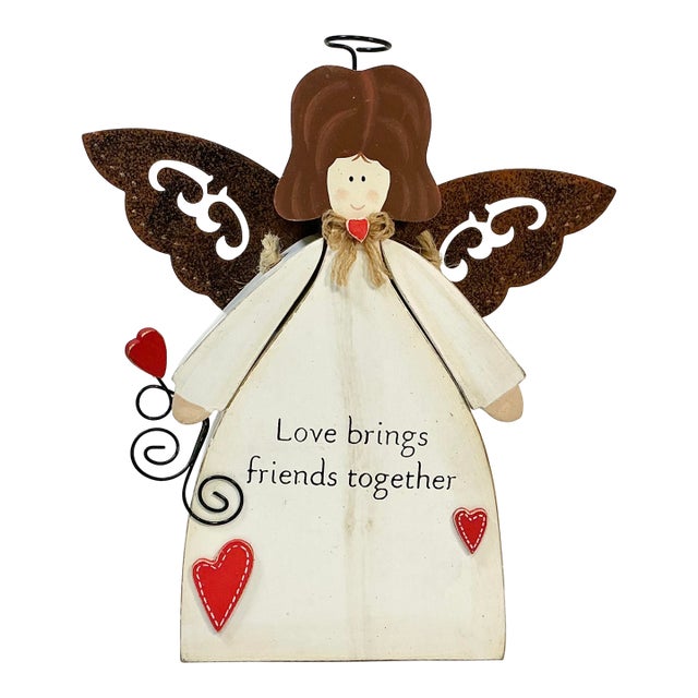 1990s Vintage Boho Chic Arts & Crafts Valentine Angel - Friends Together. For Sale