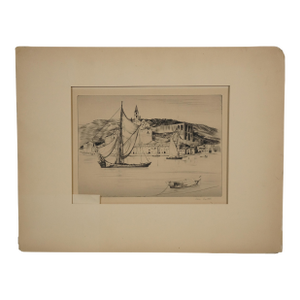 Early 20th Century Antique Loren Roberta Barton Signed Ventimgilia Italian Coastal Sailboat Etching