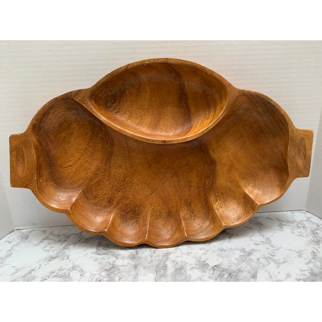 Farmhouse Large Vintage Hawaiian Wood Scalloped Serving Platter Tray For Sale - Image 3 of 6