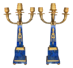 Pair of Early 20th-Century French Lapis Lazuli & Gilt Bronze Obelisk Candelabras