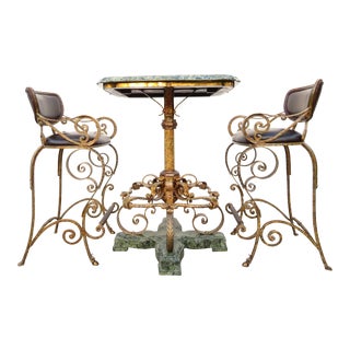 Maitland Smith Tessellated Marble Iron Bronze Bistro Table W/ Matching Barstools For Sale