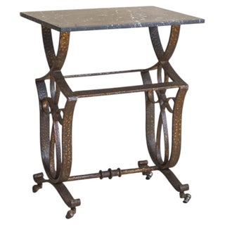 French Art Deco Wrought Iron + Black Fossil Marble Occasional Table, 1940s For Sale