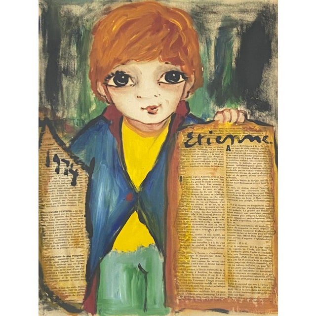 Etienne Ret Mixed Media Portrait of a Newsboy C.1974 Original mixed media with oil and newspaper Dimensions 16" wide x 21"...