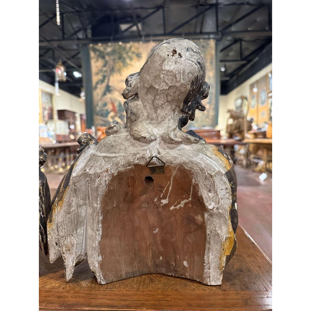 Pair of 18th Century French Carved Polychrome Male & Female Bust Wall Sculptures For Sale - Image 13 of 13