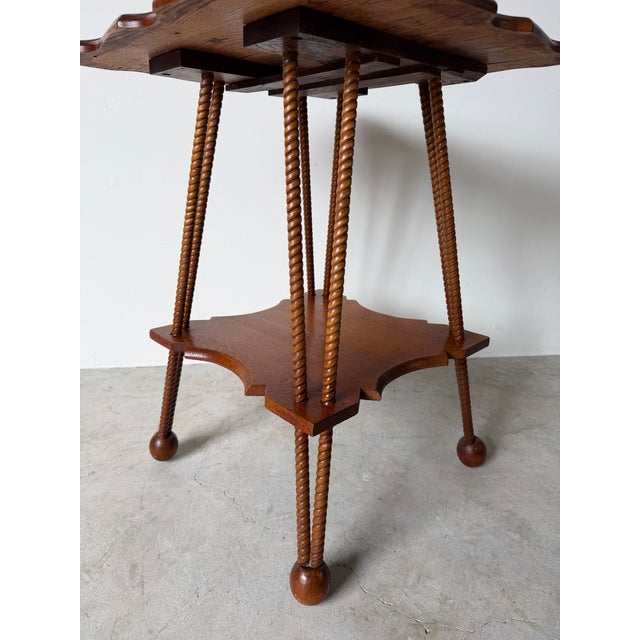 Antique Arts & Crafts Style Two-Tier Oak Accent Table With Scalloped Top Barley Twist Legs and Ball Feet For Sale - Image 11 of 12