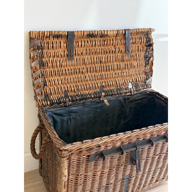 Antique English Wicker Trunk With Iron Hardware | Chairish