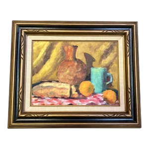 1950s Original Modernist Still Life Painting With Fruit, Bread, and Pots