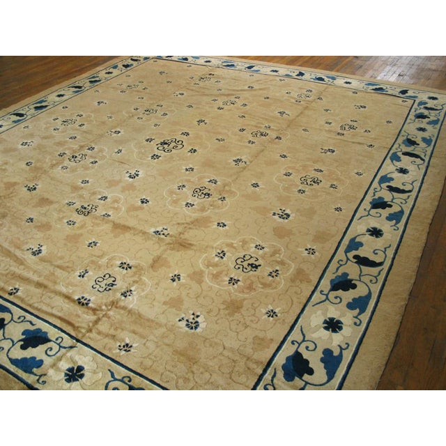 Chinese 1890s Tan Champagne Dragon Medallion Antique Chinese Peking Rug 12'2" X 13'8" Handknotted Wool Carpet For Sale - Image 3 of 6