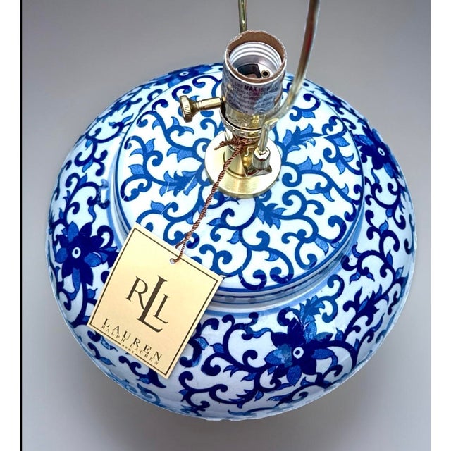 2010s Ralph Lauren Blue & White Porcelain Lamp – 25" Tall For Sale - Image 5 of 11