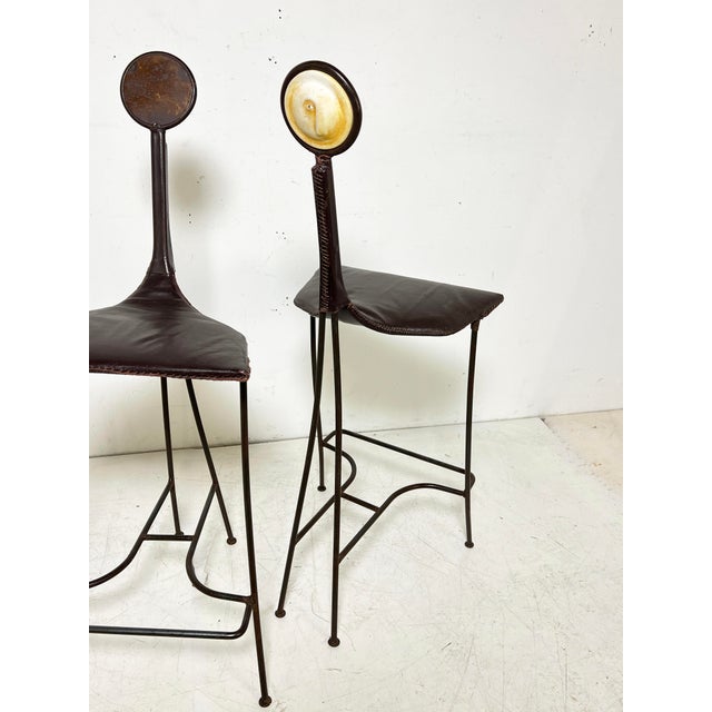 1980s C. 1980s Sculptural Wrought Iron and Leather Bar Stools, Brazil - Set/3 For Sale - Image 5 of 13