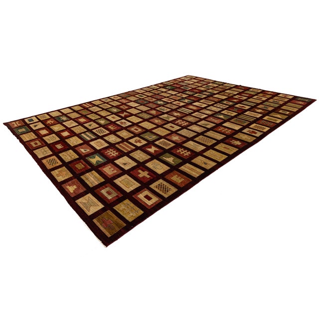 Modern Geometric Grid Hand-Knotted Wool Area Rug in Deep Burgundy & Earth Tones For Sale - Image 12 of 12