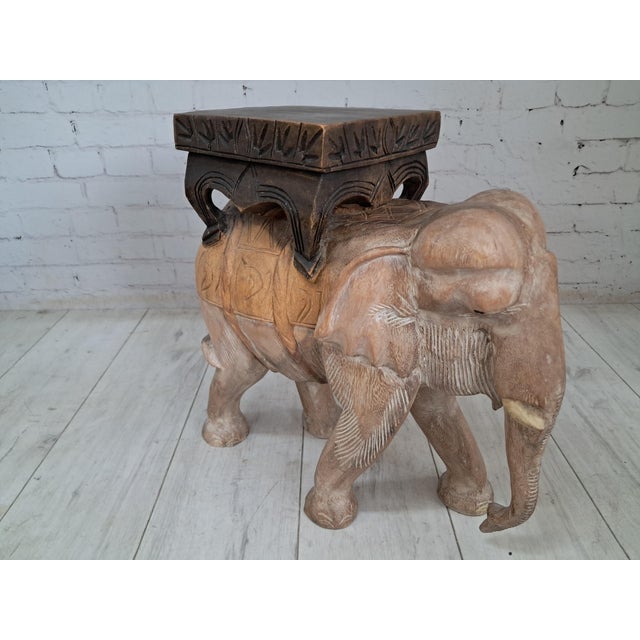 Vintage Hand-Carved Wooden Elephant Plant Stand, 1960s For Sale - Image 3 of 18