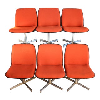 Vintage Mid Century Orange Upholstered Swivel Chairs by Harvard Interiors - Set of 6 For Sale