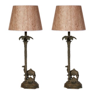 Pair of Carved and Painted Camel and Palm Tree Table Lamps For Sale