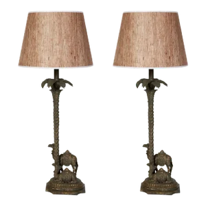 Pair of Carved and Painted Camel and Palm Tree Table Lamps