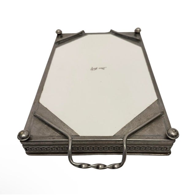 Metal Art Nouveau Porcelain Silver Tone Metal 15.5” Serving Tray Rare. For Sale - Image 7 of 10