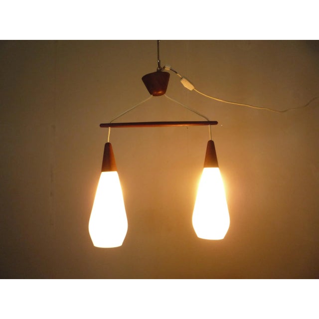 Mid-Century Modern Glass & Teak Pendant in the Style of Luxus, 1960s For Sale - Image 3 of 9