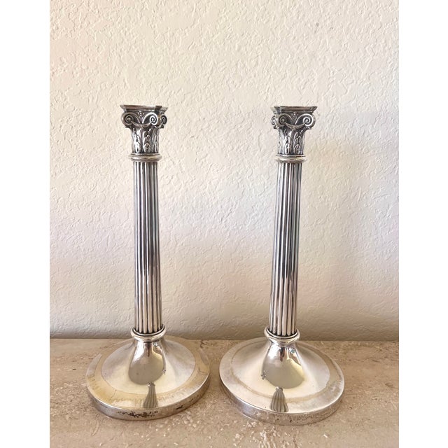Early 20th Century Pair of Antique European 800 Fine Silver Corinthian Column Candlesticks For Sale - Image 5 of 10