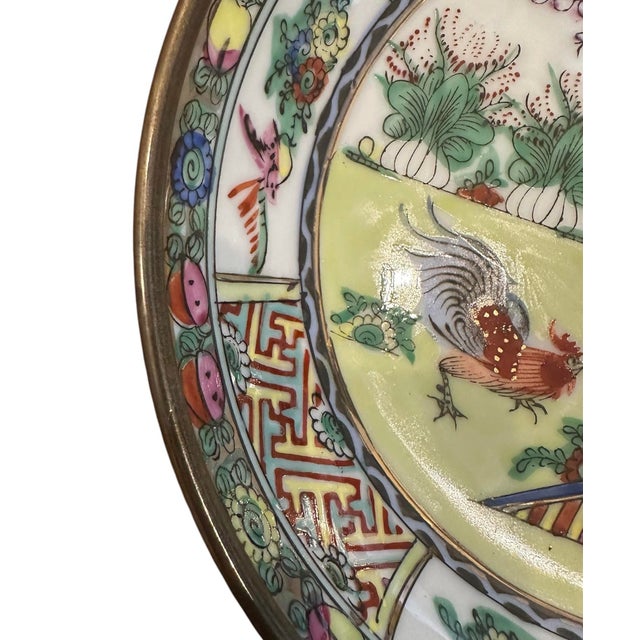 Chinoiserie Vintage Hand Painted Chinese Porcelain Famille Rose Rooster Bowl / Plate / Vide Poche / Catchall Encased in Brass For Sale - Image 3 of 4