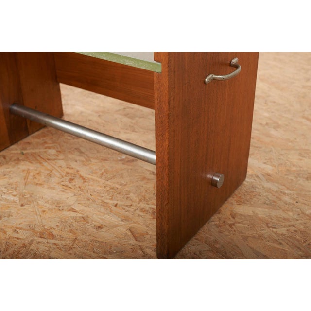 Side Table in Veneered Plywood with Sand-Cast Glass Top, Metal Tube and Handles by Jacques Adnet, 1930s For Sale - Image 5 of 10