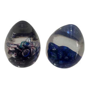 Mid 20th Century Pair of Black Sheep Glass Signed Egg Paperweights