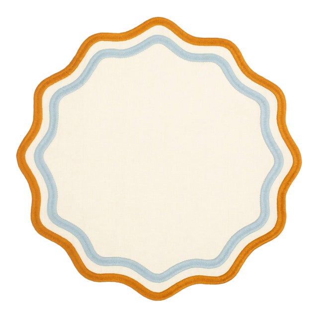 Colorblock Blue/Amber Embroidered Linen Placemats, Set of 4 For Sale