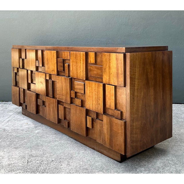 Vintage Lane Brutalist “Mosaics” Geometric Wood Credenza For Sale - Image 10 of 12